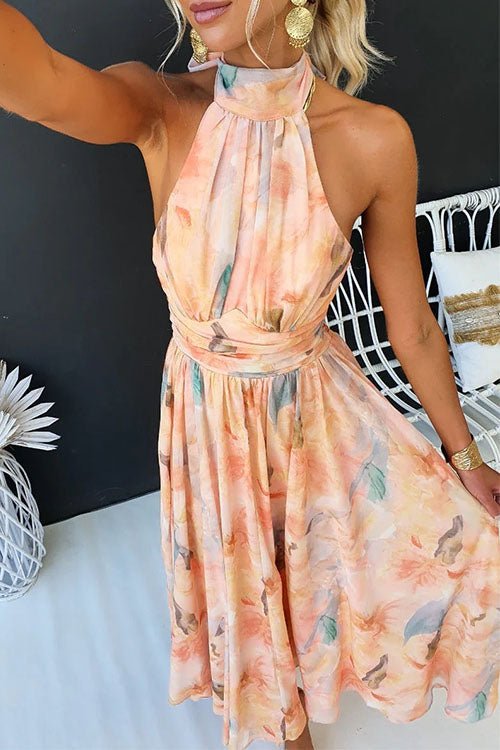 Halter Neck Open Back Waisted Watercolour Print Maxi Dress - WeWoman