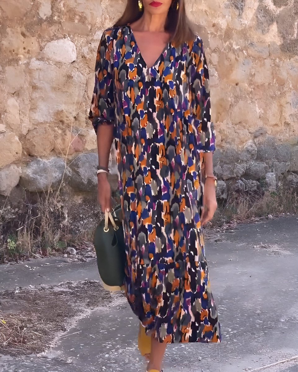 Nathalie | Retro Print V - Neck Dress - WeWoman